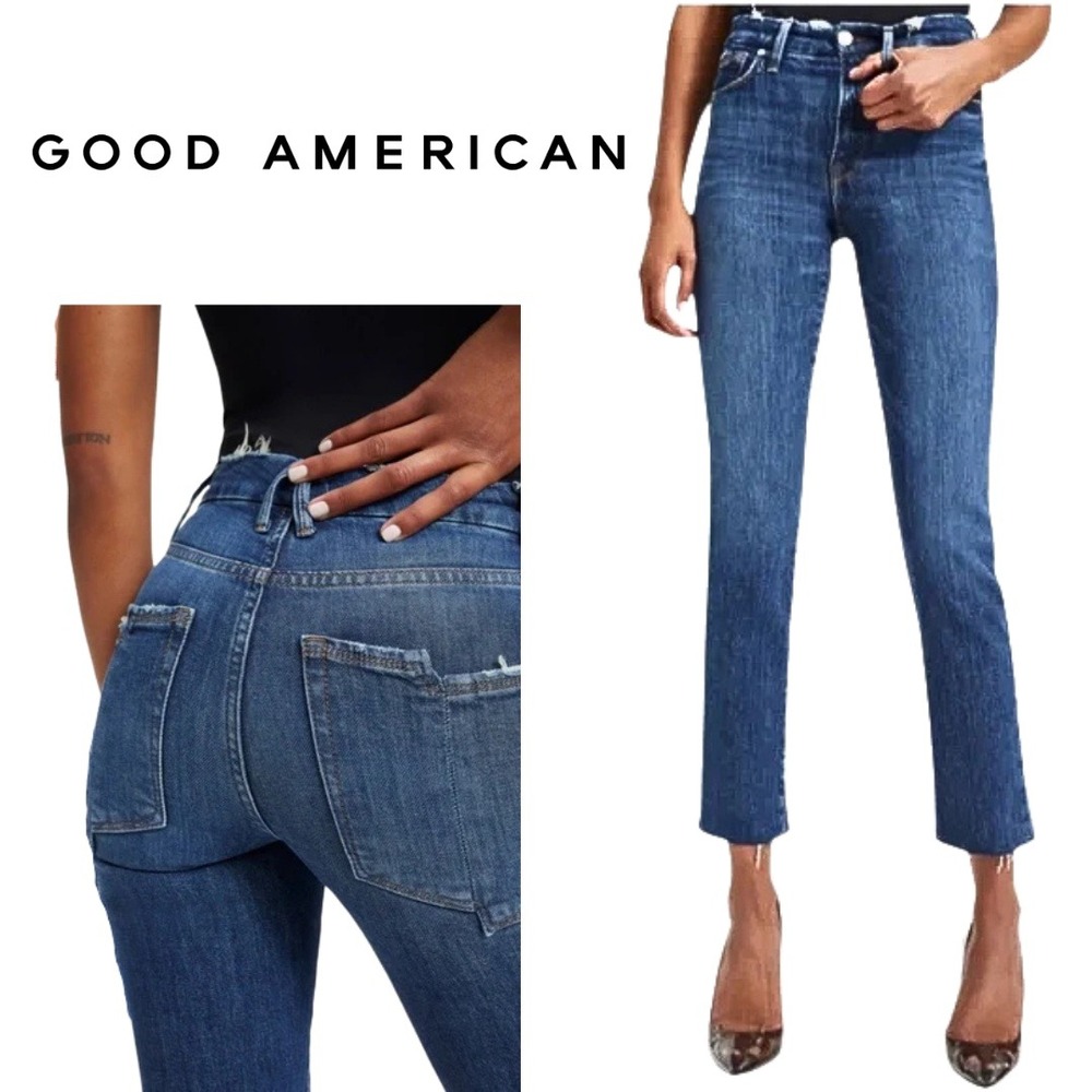 Good American, Straight Split Pocket Raw Hem Indigo032 Dark Wash Jeans Size 8 29